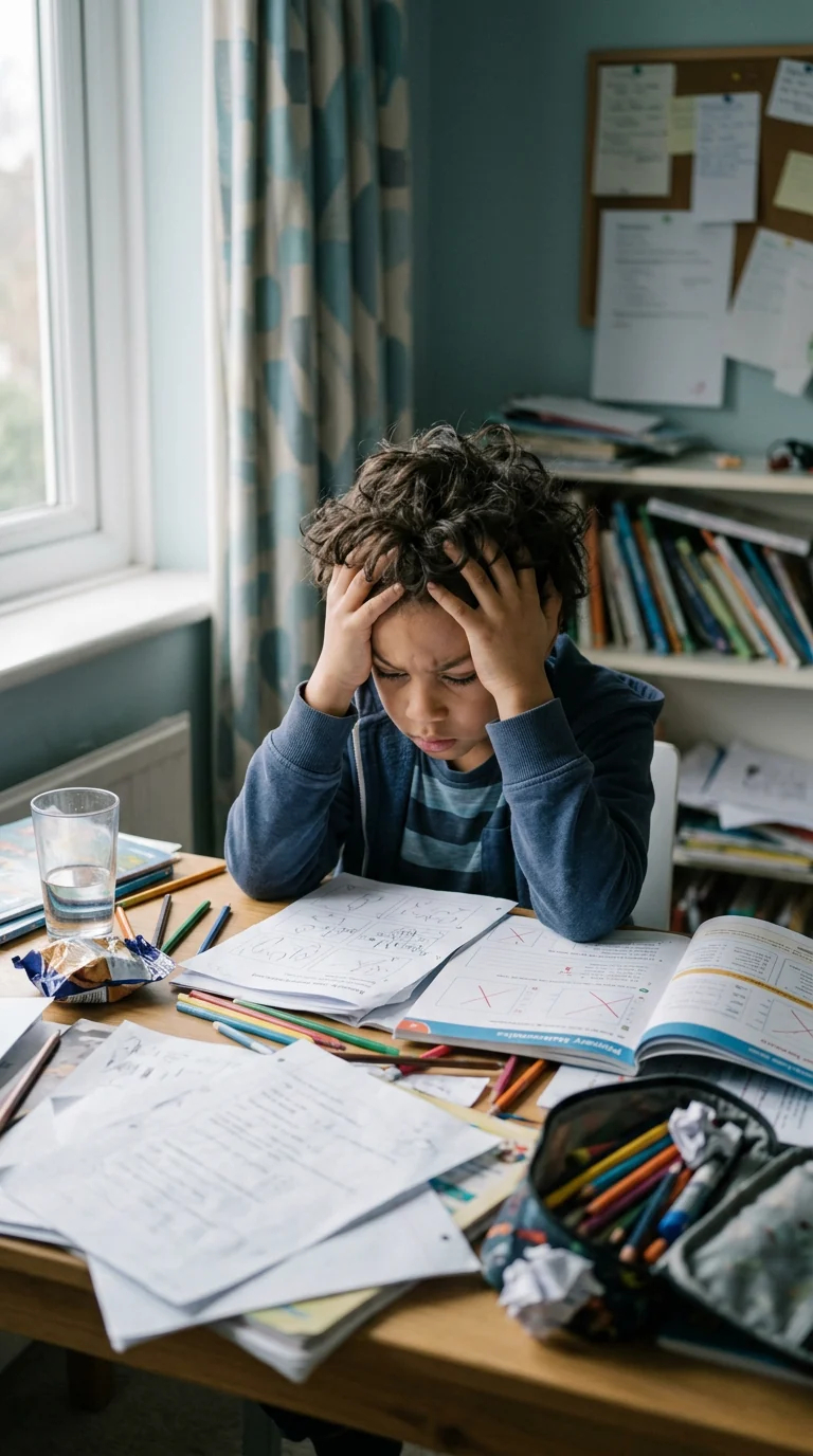 A young learner looking overwhelmed by schoolwork at a desk